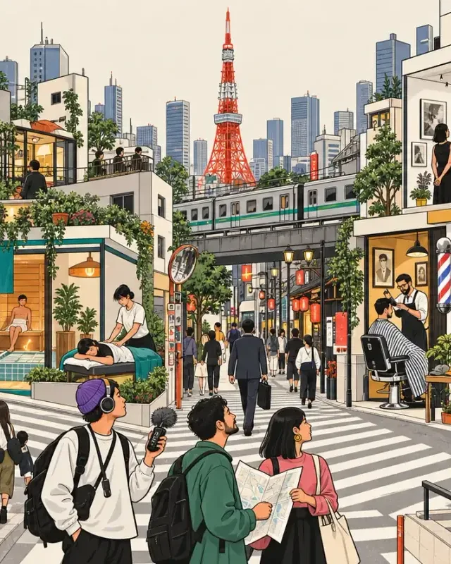 東京タワーを背に、地図とマイクを手に交差点を渡る三人。高架を電車が走り、通りにはサウナとバーバーが並ぶ。